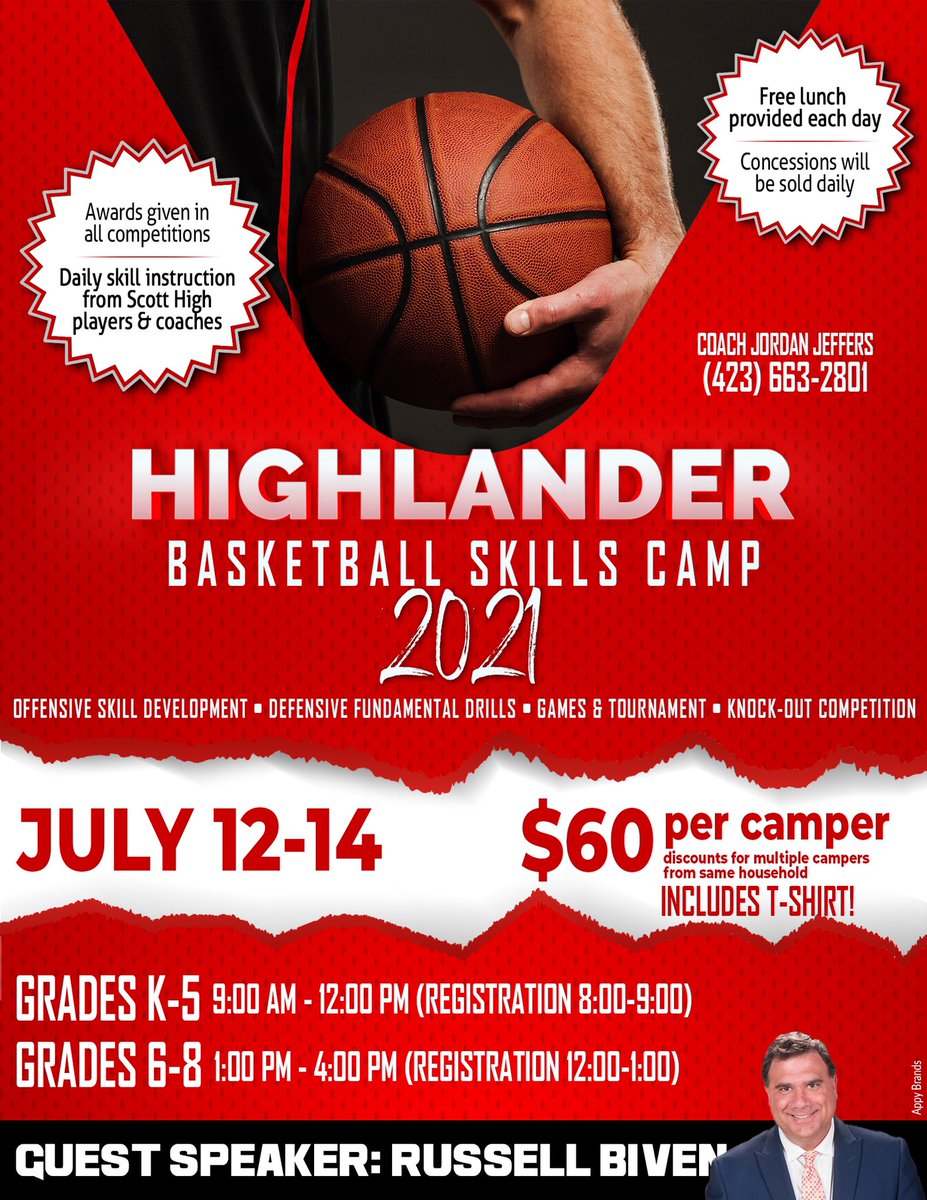 Cannot wait until camp on Monday @ Highlander Gymnasium. It’ll b competitive &amp; fun. Each camper gets a camp t-shirt. Best speaker n the business is speaking Monday morning <a href="/RussellBivenTV/">Russell Biven</a> Prizes &amp; awards for competitions on Wednesday. #All4Scott #H4L