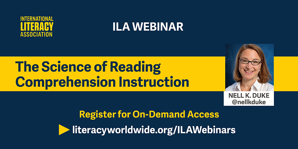 How do students learn reading comprehension? Researchers from many disciplines have been working on that question for decades. In this #ILAWebinar, <a href="/nellkduke/">Nell K. Duke</a> shared key findings from her research with @wardalessandrae and @PDavidPearson. bit.ly/ILA_SoRCompreh…