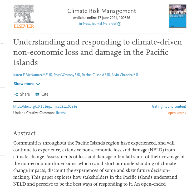 We are excited about this new #openaccess paper on non-economic loss and damage in the #PacificIslands! Head over to sciencedirect.com/science/articl… read what this #research uncovered. @AlvinChandra83 #climateriskmanagement @mkvaalst @katharine_mach #climatechange @SmallIslandsCom