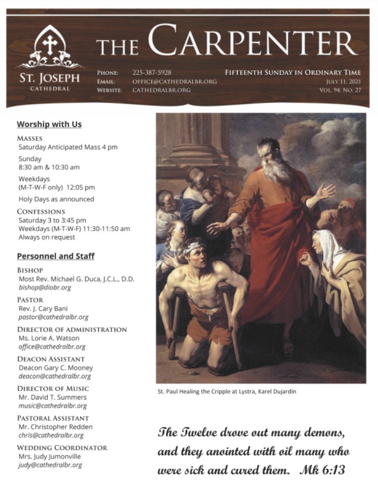 Father Cary introduces himself in this week’s issue of The Carpenter!￼ Go to cathedralbr.org/bulletins.php