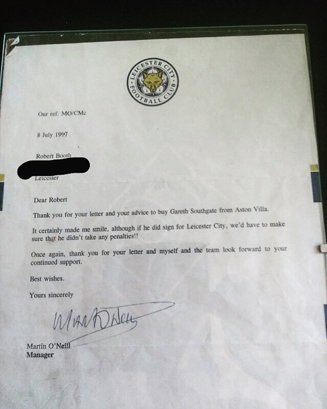 #TBT To when I wrote to Marin O’Neil when I was 7 to convince him and <a href="/LCFC/">Leicester City</a> to buy #GarethSouthgate and this was their reply! I knew he was a good un! <a href="/GaryLineker/">Gary Lineker</a> <a href="/BBCSport/">BBC Sport</a> <a href="/England/">England</a> #EURO2020 #England #footballscominghome