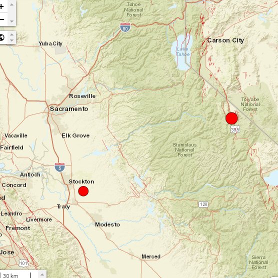 CC_StormWatch's tweet image. If you're wondering what you felt in #Sacramento or in the #Reno-#Tahoe area, it was two separate earthquakes less than 2 minutes apart. 

M4.8 just southeast of Stockton and M5.9 in a very remote area south of Carson City. #CAquake #CAwx #NVwx