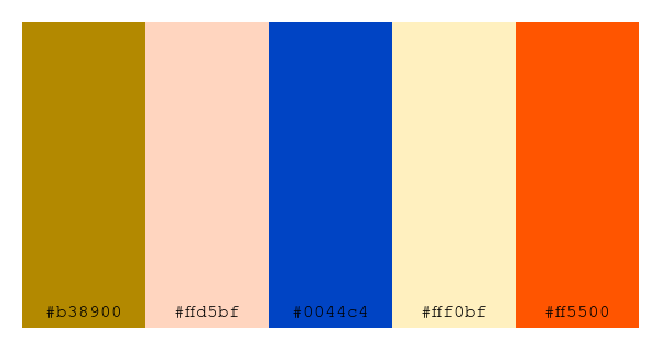 ColPaletteBot's tweet photo. Beep beep, here's a pretty color palette for you!
color-scheme.js parameters used:
- hue: 235
- variation: default
- colors: #b38900, #ffd5bf, #0044c4, #fff0bf, #ff5500
Have a lovely evening!
#twitterbot #colorpalette #colors #palette #prettycolors https://t.co/j7BCYJv94r