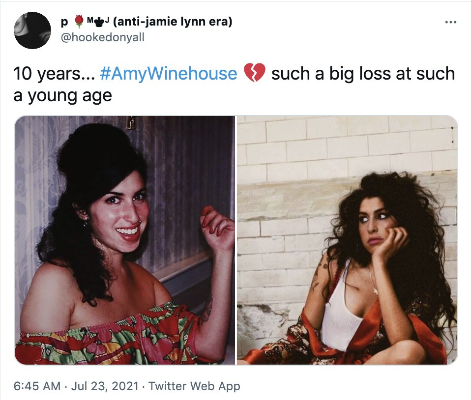 ajplus's tweet photo. People are remembering #AmyWinehouse on the 10th anniversary of her death.

The Grammy-winning singer died from alcohol poisoning at 27. Her charity set up a recovery home named Amy's Place, one of the UK's only addiction recovery centers designed for at-risk women. https://t.co/3O4SwyYVRq
