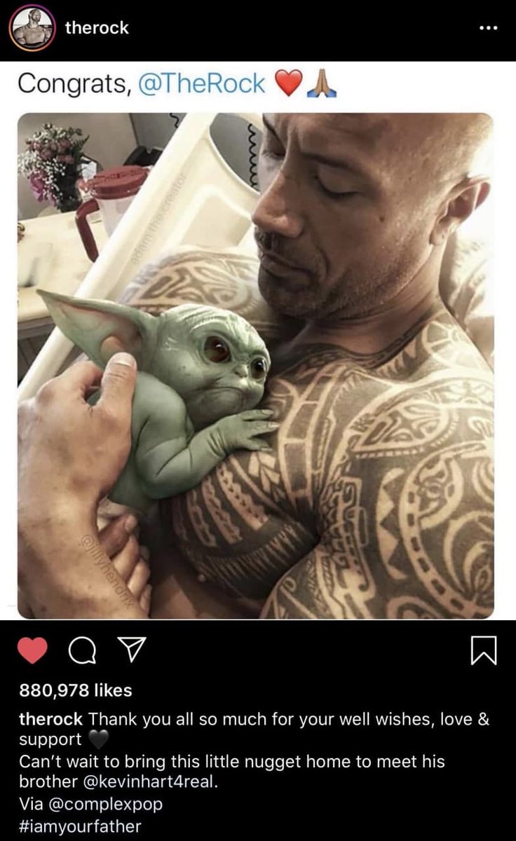 Okay truth time, The real father to #BABYODA was <a href="/TheRock/">Dwayne Johnson</a>                                                              #dogecoin #babydoge #babycake #daddydoge