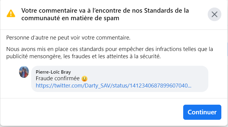 Pierlo_b's tweet photo. @charly_chine @Darty_SAV @_Damien2669 @FacebookFR @FacebookFR bravo j'ai été spotté pour "Fraude" sur Facebook en signalant la Fraude en commentaire GG. https://t.co/v2XcriDaDt