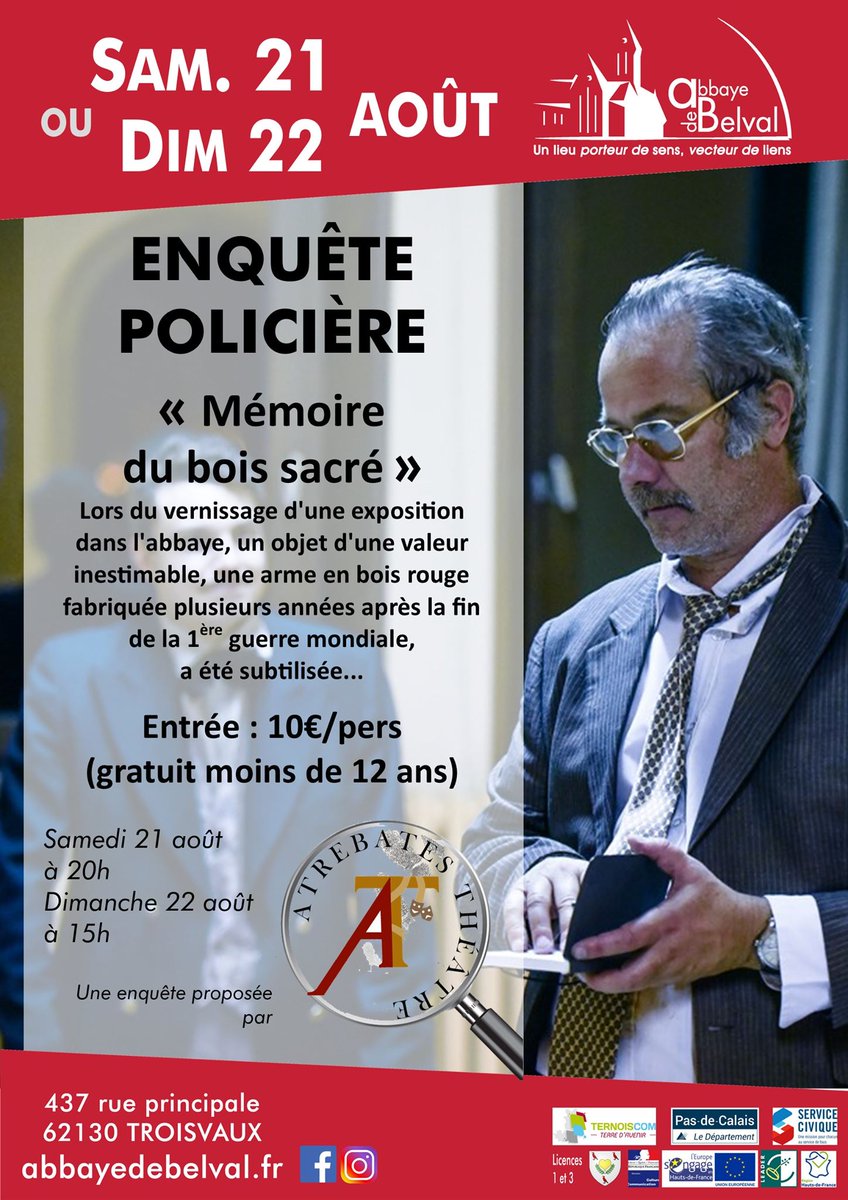 cdt62's tweet photo. "Mémoires du bois sacré" : une enquête policière à élucider à l'Abbaye de Belval #Troisvaux les 21 et 22 août 🔎

ℹ https://t.co/rWRxKqZCcP https://t.co/OQPXiesam3