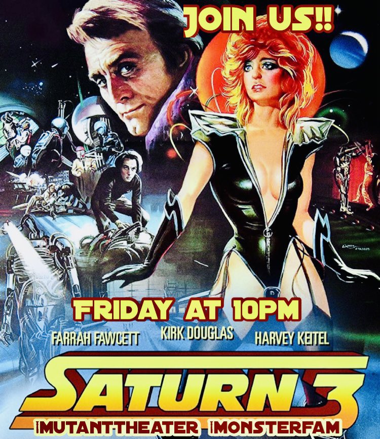 Happy Friday, #horror fiends!!💀
Come chill with us tonight as we take a trip to the #80s!!📺
8pm EST- #TheMonsterSquad⚰️
(@PrimeVideo) 
10pm- #Saturn3🪐 
(@youtube) 
12am-TBA 🧠 
Just press play at each start time, and use #mutanttheater to tweet. 
See you tonight!🎟