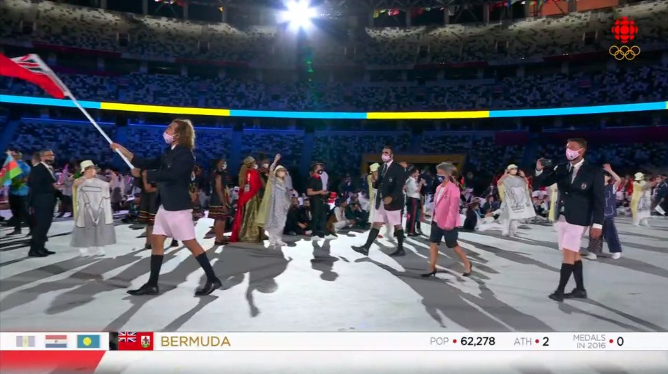BernewsSports's tweet photo. #Bermuda's team has just entered the stadium at the Olympic Opening Ceremony in Japan! Rower Dara Alizadeh is carrying our flag, he is one of our two strong team, along with Flora Duffy #GoBermuda #BermudianExcellence https://t.co/xmlaW2y7Qn