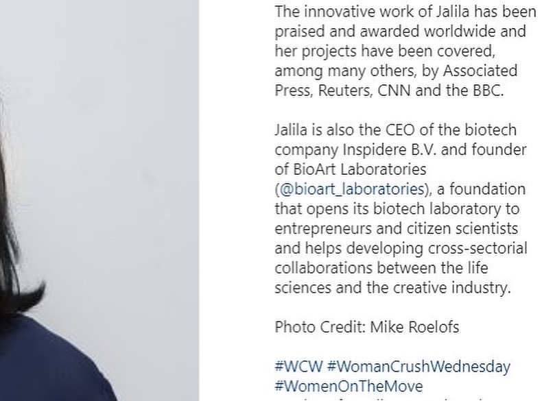 BioArtLab's tweet photo. Creative Europe, (co-funded by the European Comission) aims to develop and promote European cultural heritage. 

Womeninthespotlight: ‘The innovative work of Jalila has been praised and awarded worldwide (…)

Read the full article! 
https://t.co/Tw2QINCcj5 https://t.co/289KXLZ14Y