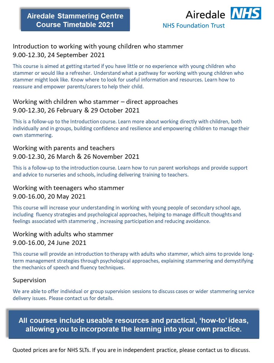 Airedale NHS Stammering Centre (@airedalestammer) on Twitter photo Hi <a href="/SLTSocietyUEA/">SLTSocietyUEA</a> <a href="/readingSLTsoc/">UoR SLT Soc</a> @MMUSpeechSoc <a href="/sltsocbeckett/">SLT Society at Leeds Beckett</a> <a href="/DmuSlt/">DMU SLT Society</a> <a href="/BCUSALTSOC/">BCU SALTSOC</a> <a href="/marjongv/">Marjon Giving Voice</a> <a href="/HCS_Sheffield/">Human Communication Sciences | Sheffield</a> pls share
Final year SLT students can access our courses for £10. Intro to working with children who stammer 24.09.21. Contact airedale.stammeringtherapy@nhs.net Hi <a href="/SLTSocietyUEA/">SLTSocietyUEA</a> <a href="/readingSLTsoc/">UoR SLT Soc</a> @MMUSpeechSoc <a href="/sltsocbeckett/">SLT Society at Leeds Beckett</a> <a href="/DmuSlt/">DMU SLT Society</a> <a href="/BCUSALTSOC/">BCU SALTSOC</a> <a href="/marjongv/">Marjon Giving Voice</a> <a href="/HCS_Sheffield/">Human Communication Sciences | Sheffield</a> pls share
Final year SLT students can access our courses for £10. Intro to working with children who stammer 24.09.21. Contact airedale.stammeringtherapy@nhs.net