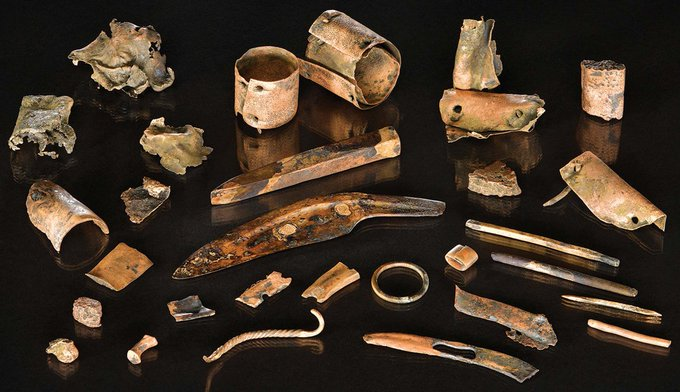 This is the personal equipment of a Bronze Age warrior - including a knife, dress pins, &amp; remains of a box #FindsFriday

It was lost at Tollense in 🇩🇪, where >2,000 warriors fought ~1,900 BC in the largest known #BronzeAge battle

🔗 from 2019 (🆓) buff.ly/2oSgWii