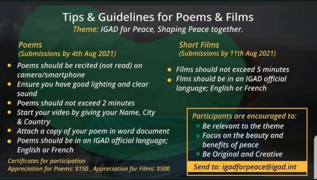 NYCofUganda's tweet photo. What does peace mean to you? Can you express yourself through a poem or short film?
Here’s an opportunity for you to express yourself, and be rewarded for it.
#IGADPeacePoems
#IGADPeaceFilms
📌Submit Poems by Aug 4
📌Short Films by Aug 11
to igadforpeace@igad.int https://t.co/IXui5qqfaC