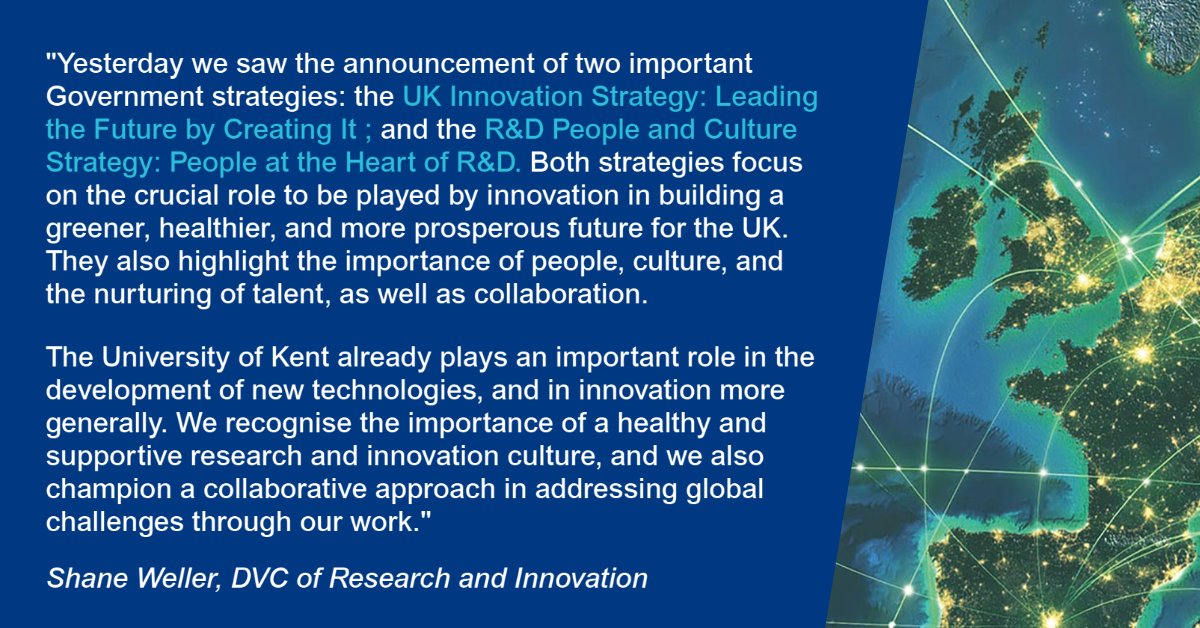 UniKentKEI's tweet image. We’re excited to see two new Government #Innovation strategies published this week. Here are our DVC Shane Weller’s thoughts on the plans to put the UK at the forefront of the global innovation race. #UnleashingInnovation

kent.ac.uk/knowledge-exch…