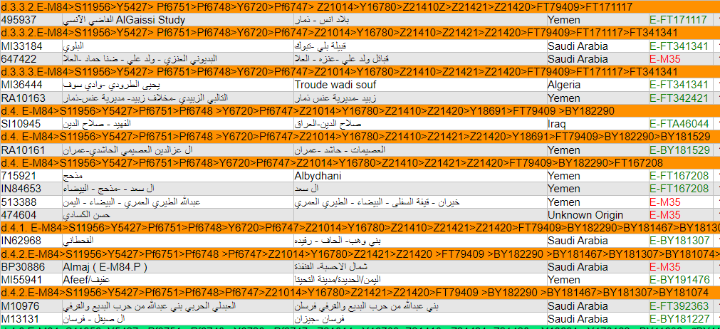 يسرنا إعلان نتيجة BigY700 لعينة خليل الفهيد-سامراء-العراق 
برقم:SI10945
موجبة للتحورات:
E-M84>Z21420>BY182290
عشيرة الفهيد يتواجدون في سامراء-العراق وفي دير الزور- سوريا (موروثهم أنهم من عرب العقيلات)
 العينة تلتقي بالتكتل المذحجي أسفل التحور FT79409
*مرفقة مشجرة التحور E-FT79409