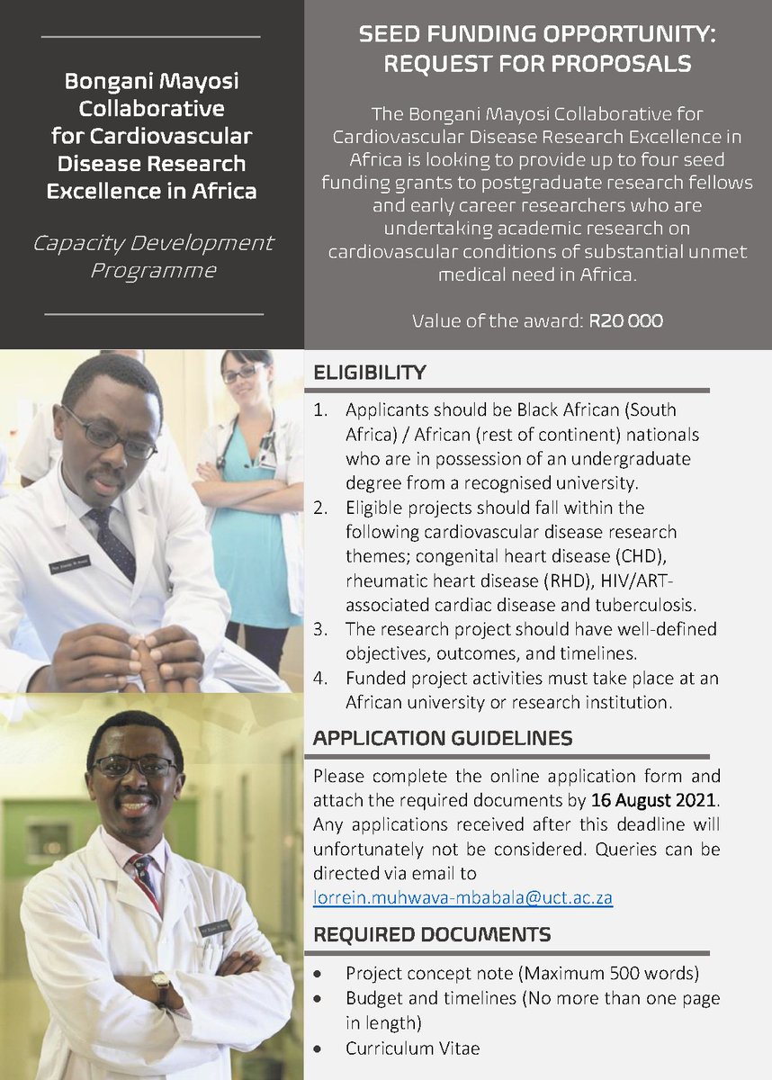 📢SEED FUNDING OPPORTUNITY📢 The Bongani Mayosi Collaborative for Cardiovascular Disease Research Excellence in #Africa is looking to provide four grants to postgraduate research fellows &amp; early career researchers! APPLY HERE: bit.ly/3hFL891🫀
