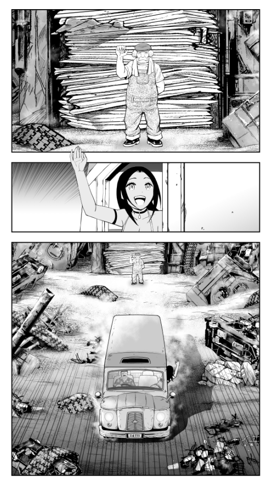 戦車のスクラップで自分で作った小屋に住んでるディランじいちゃんのシーン気に入ってます。改造とか秘密基地とかたまらないんですよ。イメージはFFのシドとポムじいさん。名前はボブ・ディランから。ライクアローリンストーンですよさすらいですよ。 