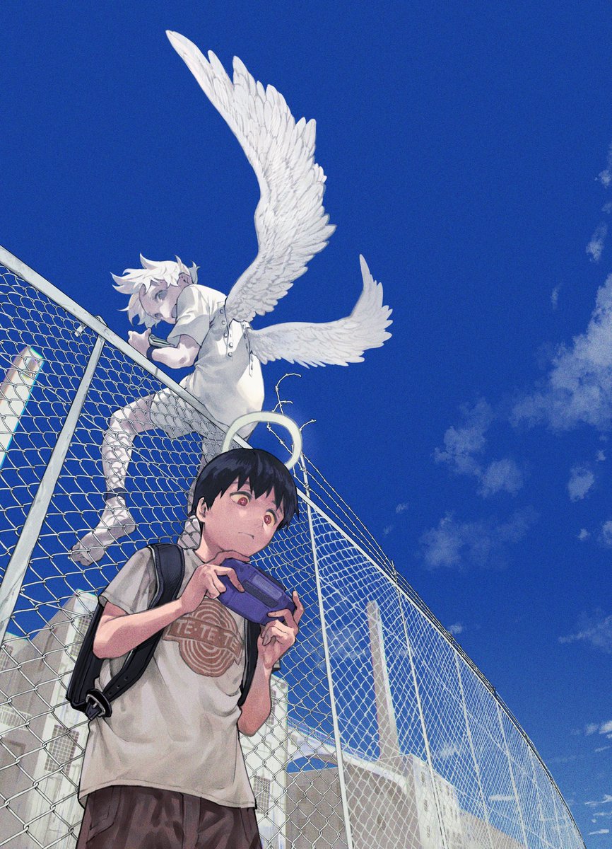 wings fence backpack sky halo short hair black hair  illustration images