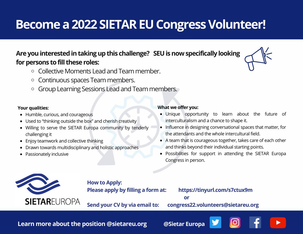 SIETAREUROPA's tweet image. Become a Congress volunteer and make the world brighter and your cv sparkle. Go to tinyurl.com/s7ctux9m to fill in the  application or send your cv to congress22.volunteers@sietareu.org  Good luck! #sietareuropa #interculturalist #diverseteams #inclusiveteams #globalteams