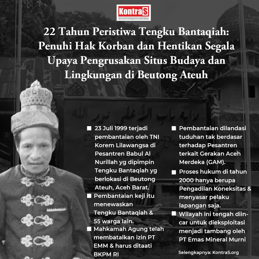 #MasihIngat

22 tahun silam TNI Korem Lilawangsa Aceh membantai Pesantren Babul Al Nurillah di Beutong Ateuh, Aceh Barat.

Berondongan peluru menewaskan Tengku Bantaqiah &amp; 55 warga.

Kini wilayah penuh situs sejarah &amp; budaya ini disasar untuk jadi tambang emas.
