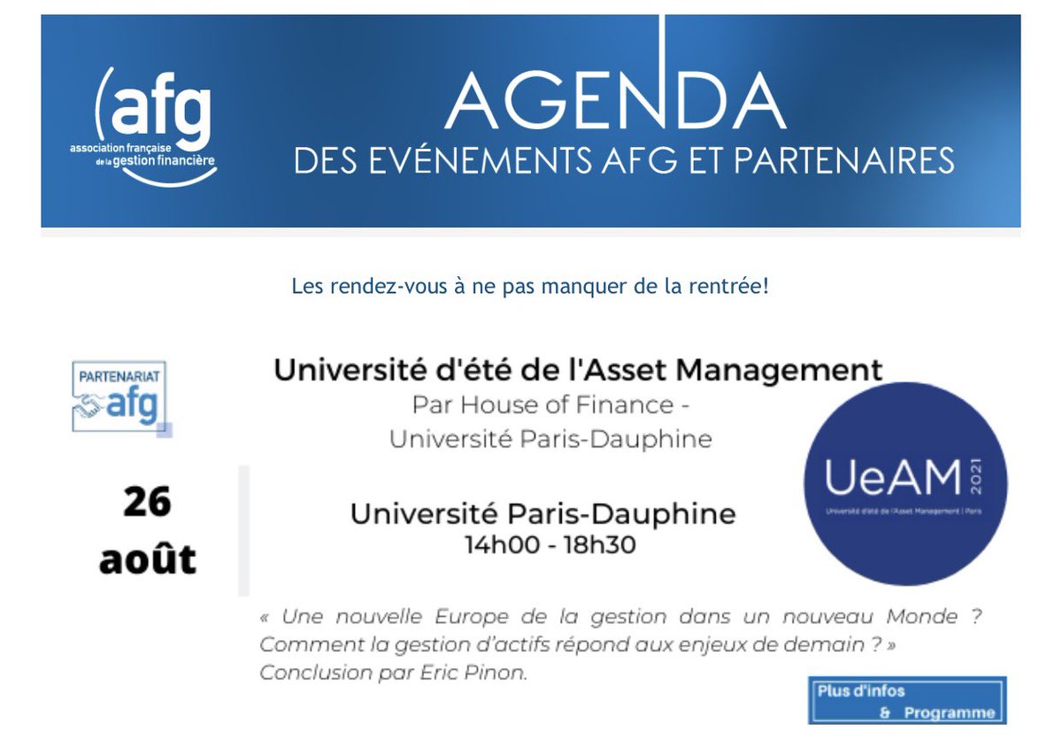 JeanFrancoisBay's tweet photo. [#UeAM] Ne manquez pas la rentrée de l’#AssetManagement le 26 août à @Paris_Dauphine avec @Quantalys @Sanso_IS @FrancaiseGroup @NatixisWM @AFG_France …
Inscription :
https://t.co/ZRuCDq6340 https://t.co/FdNWh6F9yi