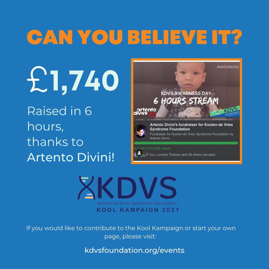 KdVSFoundation's tweet photo. Huge thanks to Artento Divini for raising £1,740 in only six hours on KdVS Awareness Day this year! If you would like to donate or participate in our 2021 Kool Kampaign, visit https://t.co/CGQe8yqskI #KdVS #KoolendeVriesSyndrome #KdVSFoundation #KoolKampaign https://t.co/4fX5gfTgG6