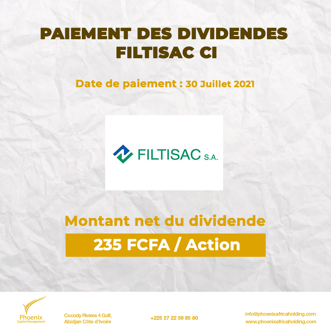 #FILTISAC_CI procèdera au paiement des dividendes de l'exercice 2020 à partir du 30 juillet 2021. Après une belle performance en 2020 qui s'est soldée par une hausse de 91,48% du résultat net, FILTISAC a décidé de rémunérer chaque action de son titre à hauteur de 235 FCFA. 
#BRVM