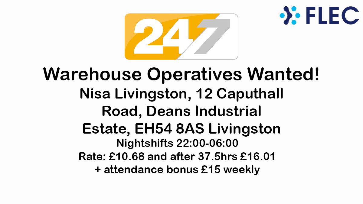 Nisa Livingston, 12 Caputhall Road, Deans Industrial Estate, EH54 8AS Livingston
Nightshift Warehouse Operatives
Shift 22:00-06:00
Rate: £10.68 and after 37.5hrs £16.01  + attendance bonus £15 weekly
All candidates need to pass pre-employment drug test. #employee #hiring #Jobs
