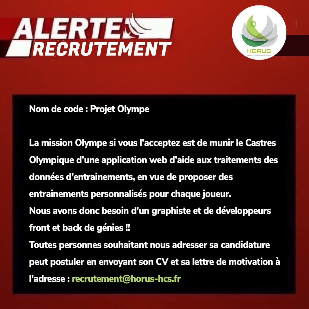 [Breaking News 📣]

À la recherche d’un job d’été ?

Horus recrute, alors viens gagner entre 150 et 1500€ en mettant à profit tes compétences de graphiste, de développeurs front ou back au projet Olympe 

Postule en envoyant CV et lettre de motivation à recrutement@horus-hcs.fr
