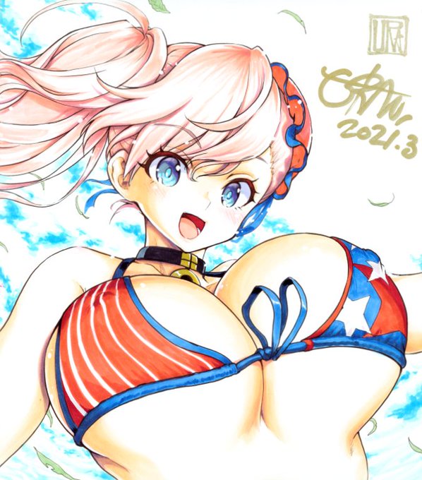 今日の色紙311日目水着武蔵さん3連続第2弾元気ハツラツ武蔵さん#描いた色紙なるべく毎日アップする#コピック #アナログ絵 #FGO #武蔵ちゃん#海の日なので水着貼る 