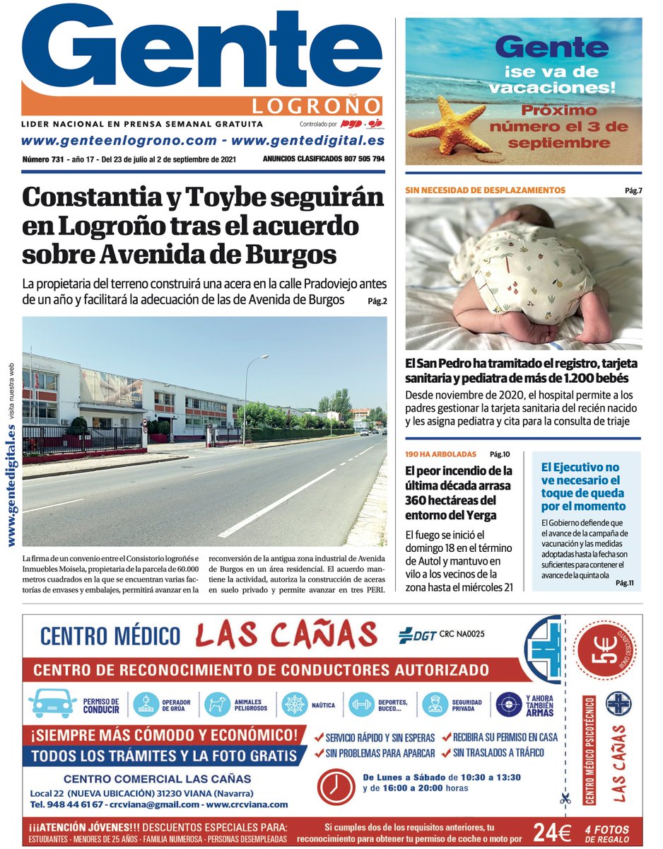 GenteRioja's tweet photo. Último número de 🗞️GENTE en Logroño hasta septiembre.
Encuentra tu periódico en 📍puntos de distribución muy cerca de tí y en 📥PDF en https://t.co/uOes3YMATy
🚸 #AvdaBurgos
🐣 Recién nacidos
🚒 Horror en #IFYerga #IFAutol
🚥 Sin toque por ahora
👨🎤 y muchos planes de ocio… https://t.co/PwWvhQOXDN