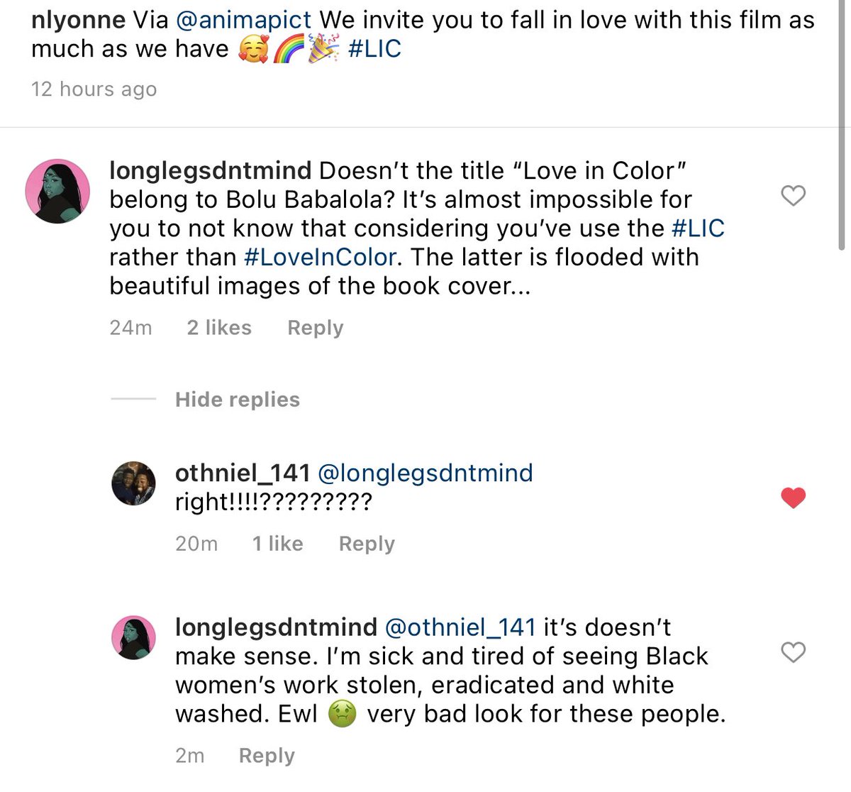AyizanDj's tweet photo. I see that @hulu are shamelessly stealing ideas from our Queen @BeeBabs... #LoveInColor already exists. Please make use of your ✨creative✨ team and come up with a new title. https://t.co/AQ7PRxpbDT