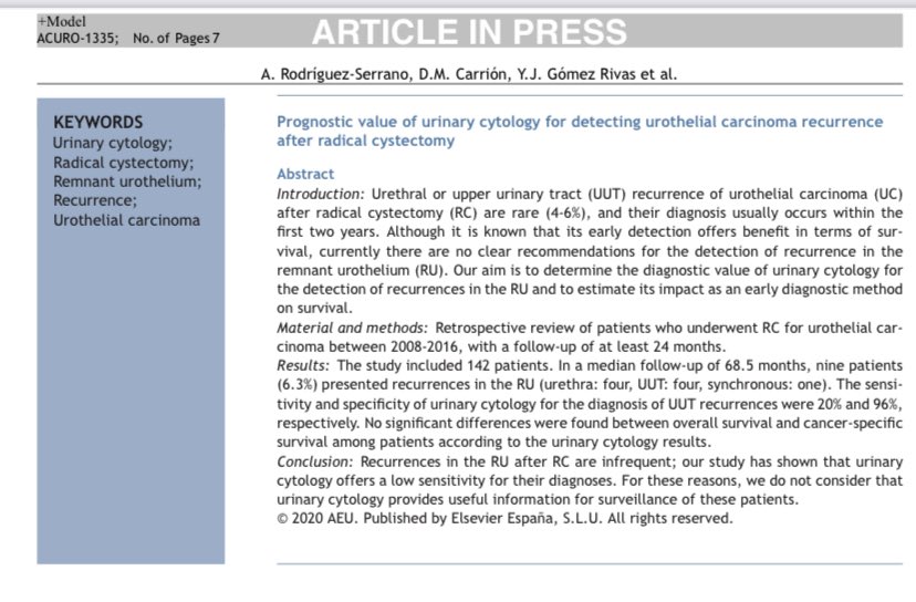 diegocarrionm's tweet photo. ⁉️Do you routinely ask for urinary cytology after radical cystectomy for bladder cancer? 🚨How about a it’s sensitivity and specificity for diagnosing recurrences in asymptomatic patients? Excellent work by @andrea_uro 👩🏼‍⚕️ just published in @actasurologicas https://t.co/x66l7PeUuR https://t.co/qpbnoHPcun