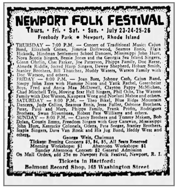 Ireland's famous uilleann piper, Seamus Ennis, performed at the <a href="/Newportfolkfest/">Newport Folk Fest</a> on July 23-24, 1964. joining performers  Bob Dylan, Joan Baez, Johnny Cash, Phil Ochs, Pete Seeger, the Jug band, the Staple Singers &amp; the Clancy Brothers + Tommy Makem. <a href="/Napiobairi/">Na Píobairí Uilleann</a> <a href="/IrishEcho/">Irish Echo Newspaper</a>