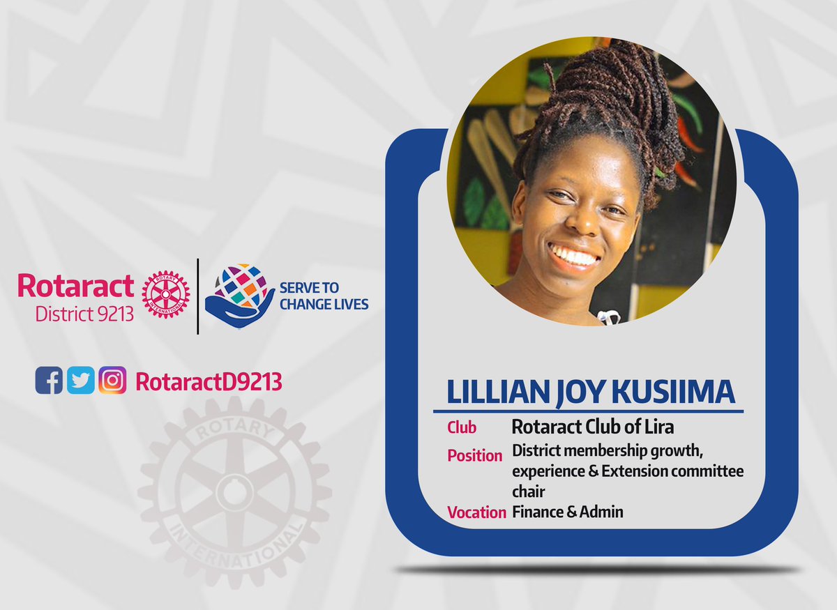 RotaractD9213's tweet photo. District Leaders Introductions๐
Hereโs Lillian Joy Kusiima, District Membership growth, experience and extension committee Chair. Sheโs ready to make the district goal of โSupporting the establishment of new club models and membership typesโ come to reality.
#ServeToChangeLives https://t.co/KCqLKVRlwX