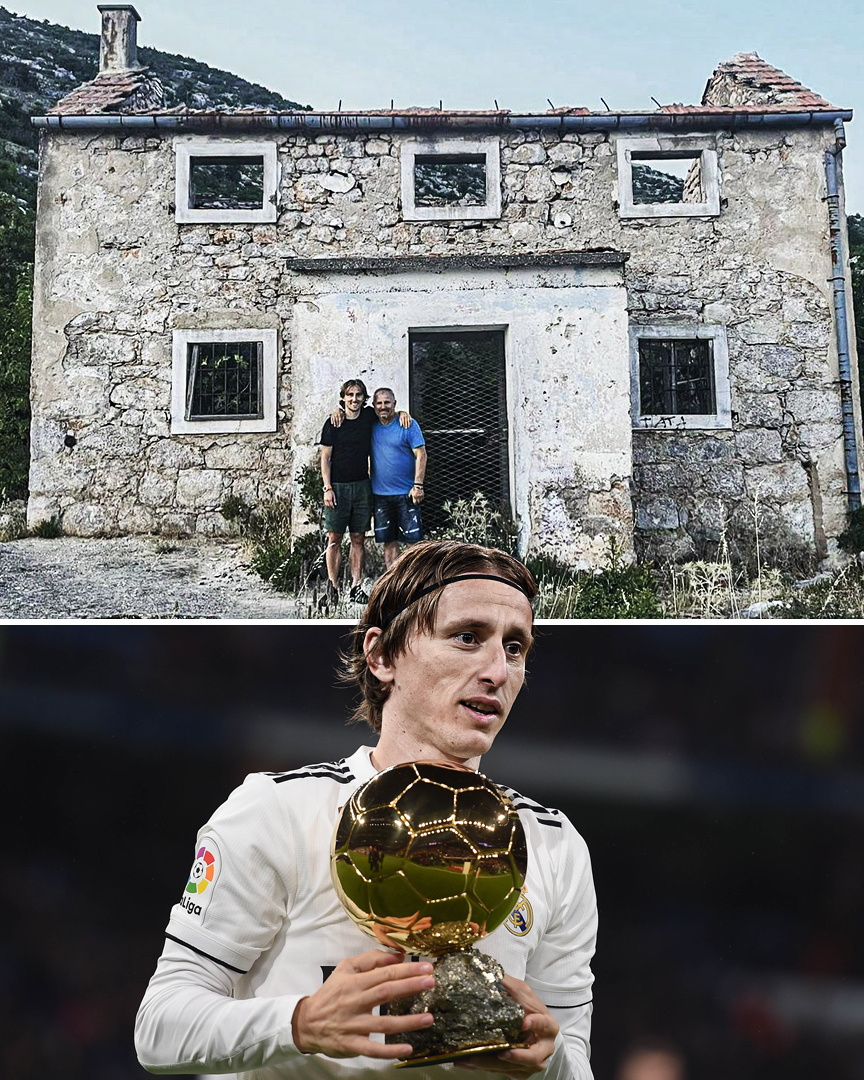 ESPNFC's tweet photo. Luka Modric has visited the house he grew up in as a child. It was sadly destroyed during the Croatian War of Independence, forcing him and his family to flee and live as refugees. 

He later went on to win the Ballon d'Or 🏆 https://t.co/rLtDK0gCfJ
