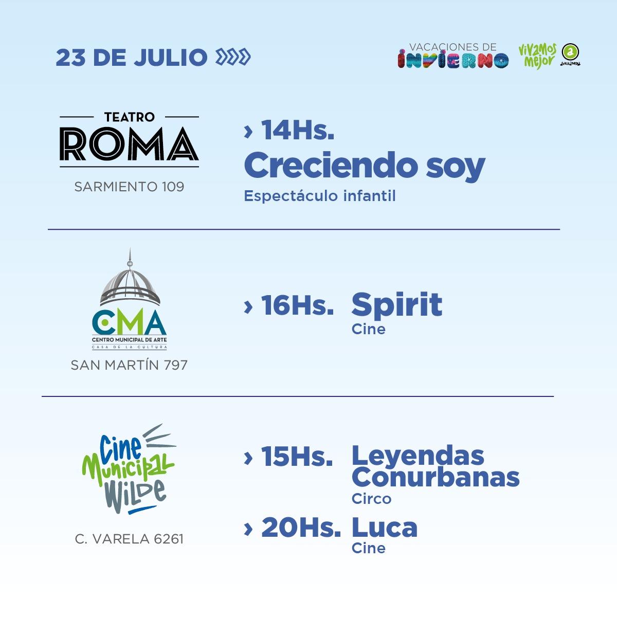gestion_a's tweet photo. 🌈 ¡Mirá las propuestas de vacaciones para hoy!

Hay actividades en toda la ciudad. Mirá el cronograma de cada sede en nuestra web 👉 https://t.co/PHjylu0J8H https://t.co/1grExZox49