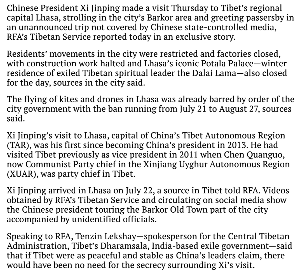Chellaney's tweet photo. As part of his increasingly hardline Tibet policy, Xi makes an unannounced Tibet visit. He started near the heavily militarized border with India by visiting Nyangtri (Chinese: Nyingchi), located next to the site of China's planned super-dam on Brahmaputra. Xi then went to Lhasa. https://t.co/kv0ld1yJCQ