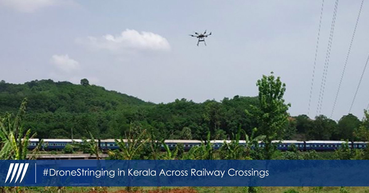 SterlitElectric's tweet photo. To overcome the challenges of hilly terrain and dense forest vegetation cover in Kerala, we used drones for stringing of transmission lines. This #technology enabled us to reduce execution time by nearly 80% as compared to conventional methods. #innovation #DroneStringing https://t.co/QCxBCdqNLV