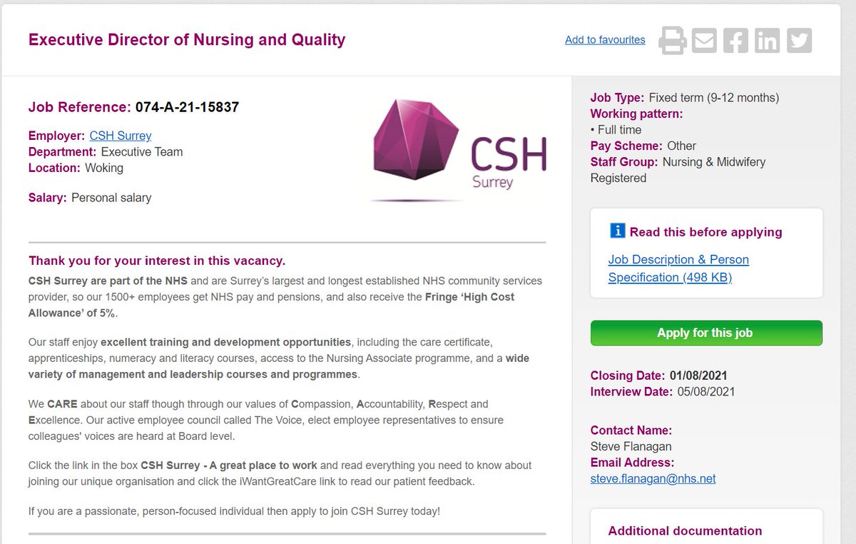 Exciting opportunity to work at executive level as Director of Quality and Nursing/ Chief Nurse for CSH Surrey, whilst I am on maternity leave. jobs.nhs.uk/xi/vacancy/916… DM me for informal chat :-) Timeline •Deadline for applications- 1st August •Interviews- 5th August