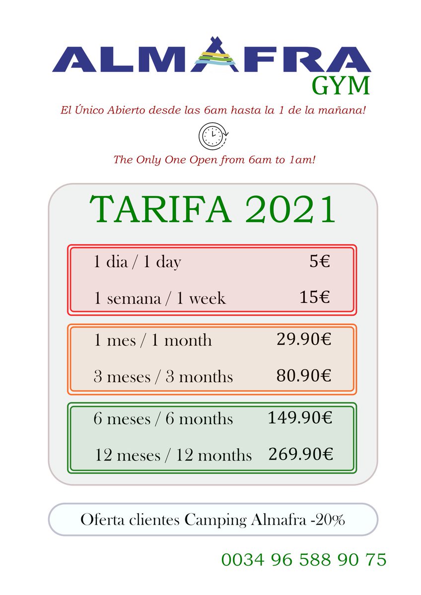 El próximo lunes 26 de Julio reabrimos el gimnasio de Camping Almafra!!! Podrán disfrutar de Lunes a Domingo de 6:00 a 1:00 de la mañana🏋
We are pleased to announce that the gym at Camping Almafra will reopen on Monday 26th July. The gym will be open 7 days a week from 6am-1am🏋️