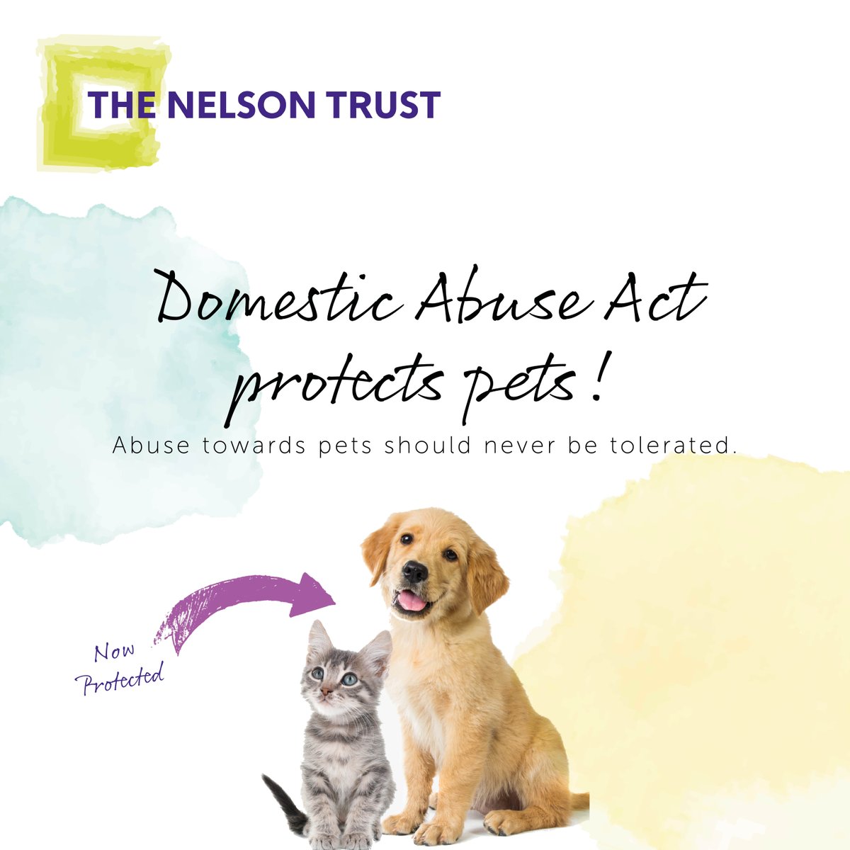 TheNelsonTrust's tweet photo. The Domestic Abuse Act now formally recognises economic abuse towards animals. "Impacting someone's ability to care for their pet, such as purchasing food and vet bills". 

This  will better protect all pets from abuse.

#pets #DAact  #economicabuse #domesticabuse 
@DogsTrust https://t.co/1wgds8Xumk