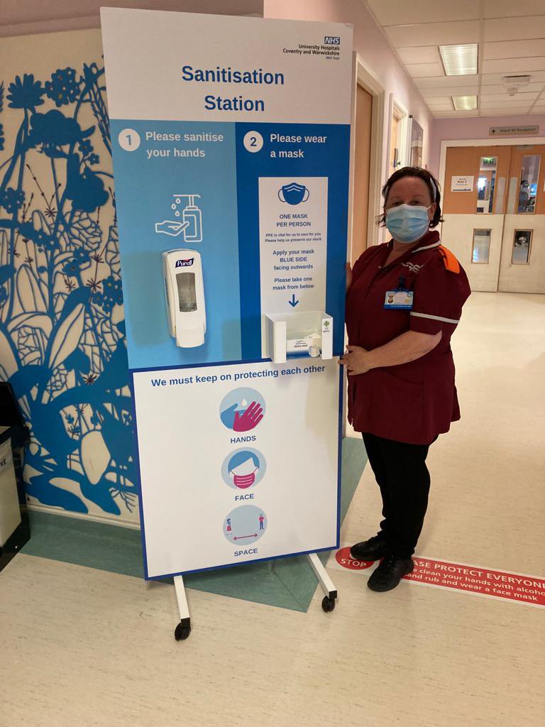 HCSW Sharron showcasing our new Sanitisation Station on Ward 40 today. #PPE #handhygiene #handsfacespace