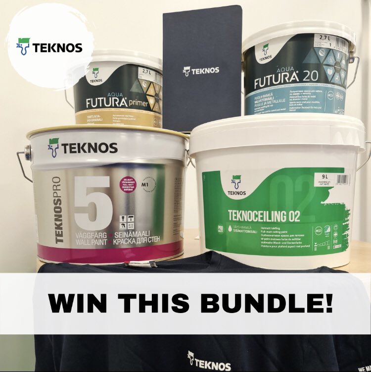 Retweet and follow to enter! WIN this great bundle!
 
10L Teknos Pro 5 – Durable wall paint
10L Teknoceiling 02 – NEW ceiling emulsion
3L Futura Primer – Trim primer
3L Futura 20 – Trim paint
+ T-Shirt, pens and notebook!
 
Winner announced 26/07/21 @ 12pm.
T&amp;Cs apply.
Good luck!