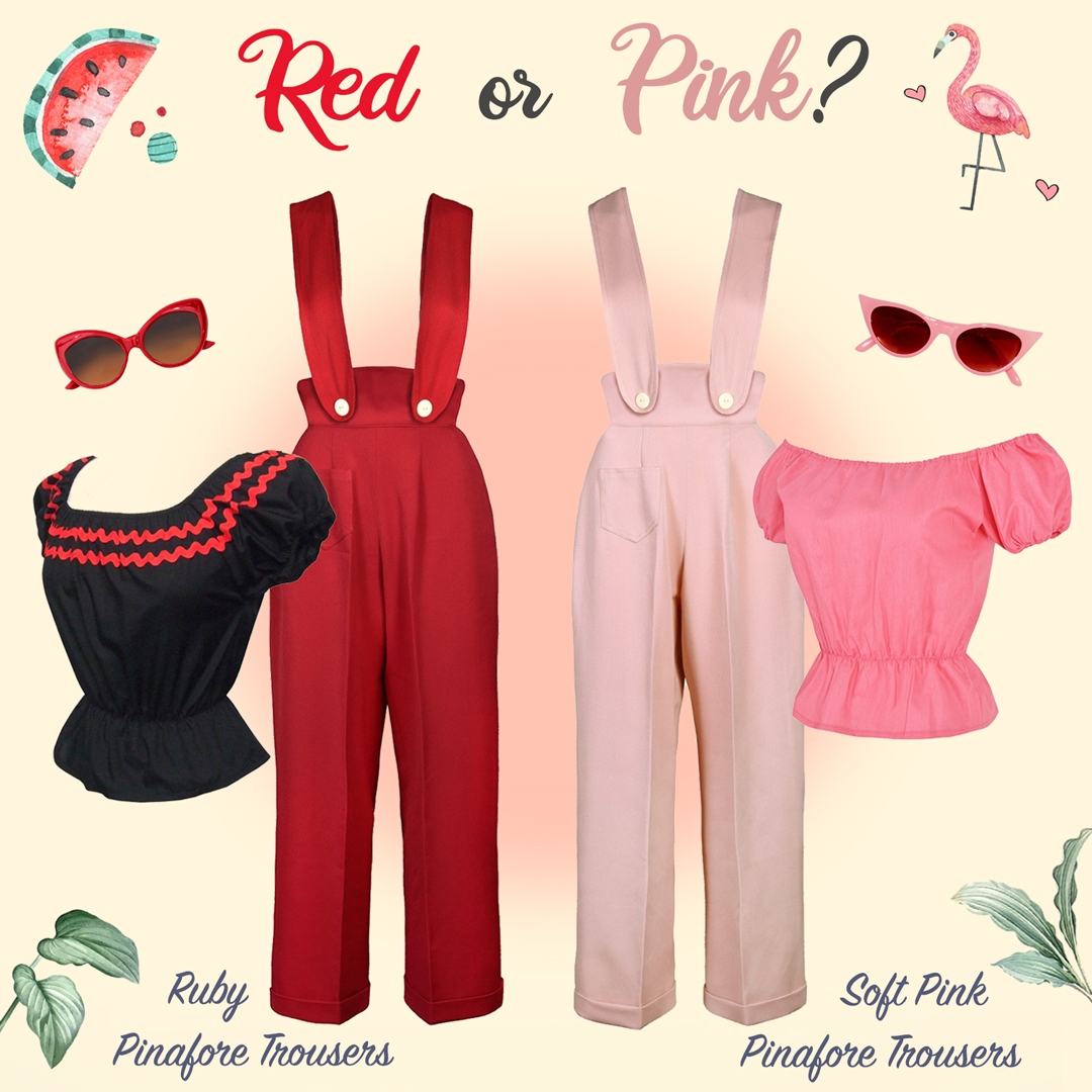 Red or Pink?
⁠
⁠We can't seem to pick a favourite because our Pinafore Trousers look divine in any colour! 
⁠
Made in London🇬🇧 #vivienofholloway⁠
#widelegtrousers #vintagepants #1940sfashion        #40sstyle⁠