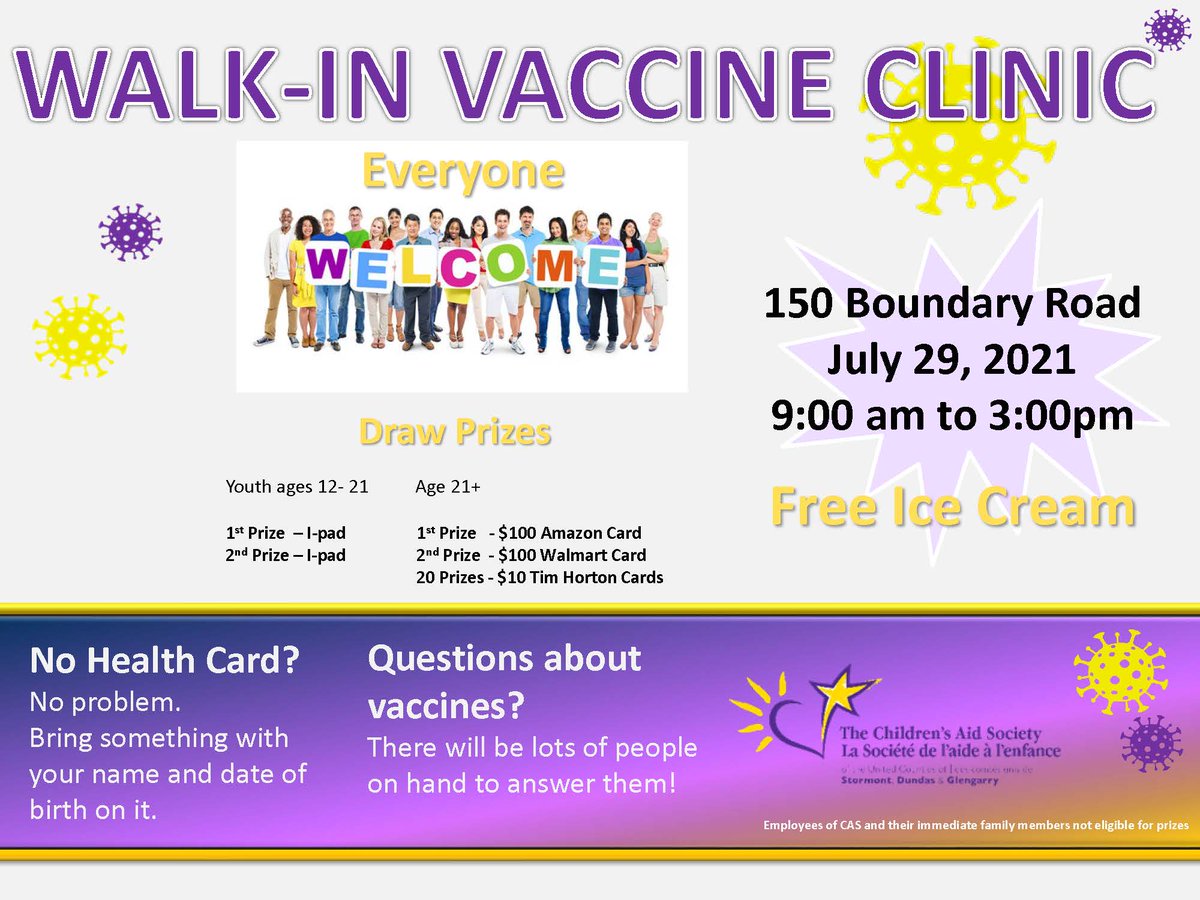 CornwallCAS's tweet image. We're hosting a walk-in vaccine clinic. Thursday July 29th from 9am-3pm. Free ice cream and prizes to be won!