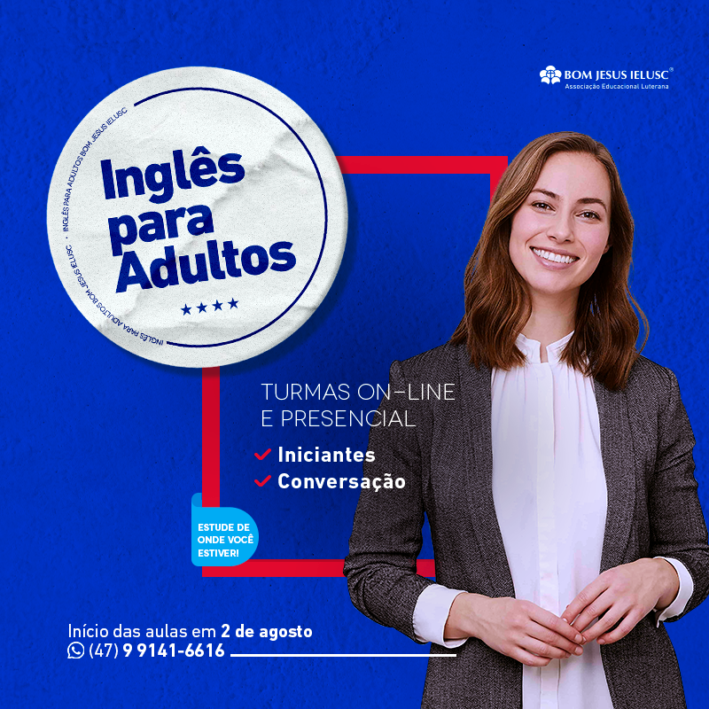 O Inglês para Adultos do BOM JESUS IELUSC te ajuda a aprender inglês na prática, de onde você estiver! Com aulas on-line ou presenciais, você tem acesso a um método direto de aprendizagem e em pouco tempo já poderá perceber seus resultados! Fale conosco: bit.ly/3hVFu2D