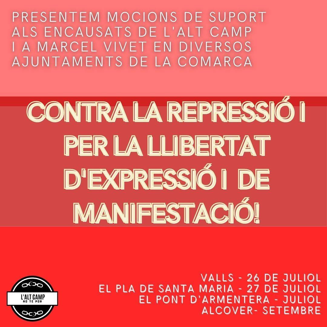 ⚠️Presentem mocions de suport als encausats de L'Alt Camp⚠️

Després de la jornada d'ahir seguim treballant i proposant accions de suport als encausats de l'Alt Camp i al Marcel Vivet després de la rebaixa de la condemna a 6 mesos de presó. (1/3)