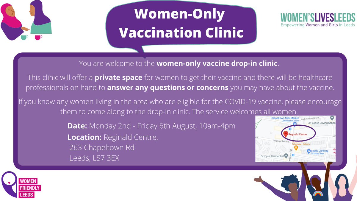 Today, and everyday this week until Friday, the women-only vaccine drop-in clinic will be open from 10am 4pm at the Reginald Centre, LS7 3EX. It will offer a private space for women to get their 1st or 2nd vaccines &amp; will welcome drop-ins from all women in the area.
