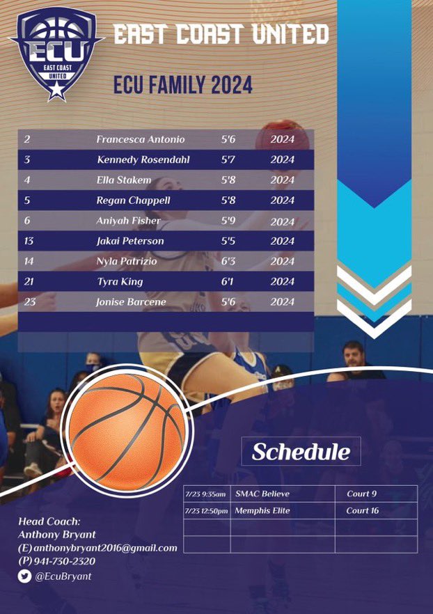 Come watch the ECU 2024 Family team compete in Orlando, at the National Championships!  We play on July 23 at 9:35 on court 19, and 12:50 on court 16. <a href="/ECunitedbball/">eastcoastunited</a> <a href="/A_Bryant11/">Alexis Bryant</a> @EJMurray8